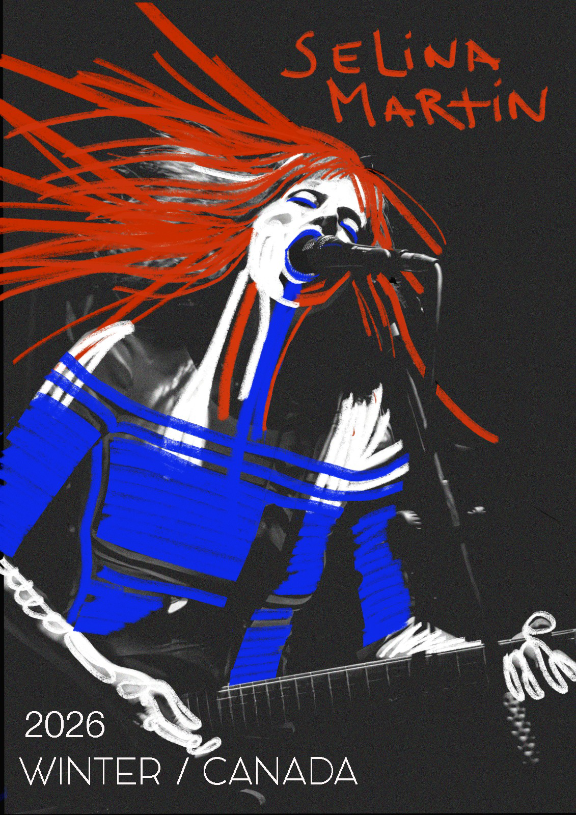 Winter/Canada Tour 2026 poster — illustrated portrait of Selina Martin singing into a mic, red hair flying, in a blue striped sweater